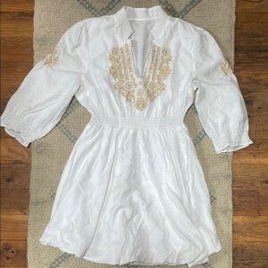 Vintage Boho White Dress with Gold Embroidery